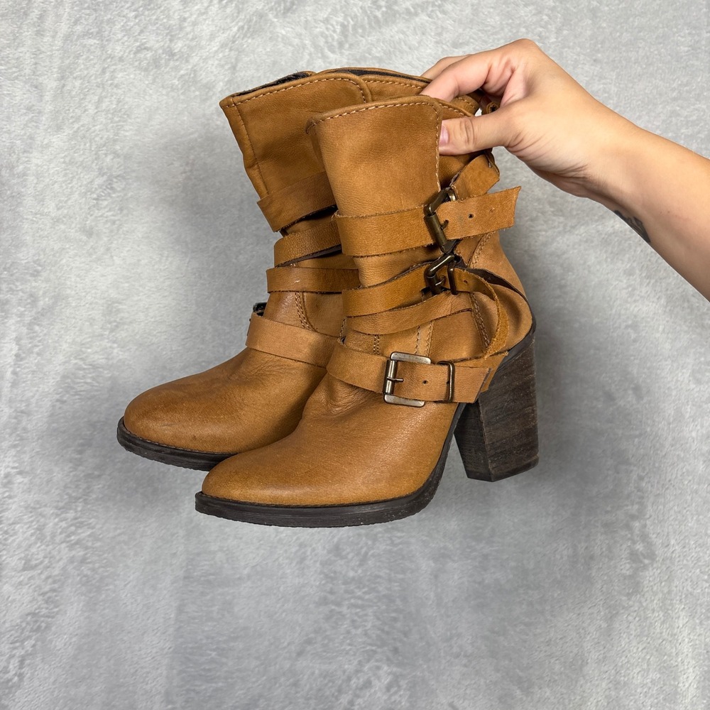 Steve Madden Yale Tan Leather Multi Buckle Strap Moto Ankle Boots Womens 6.5M